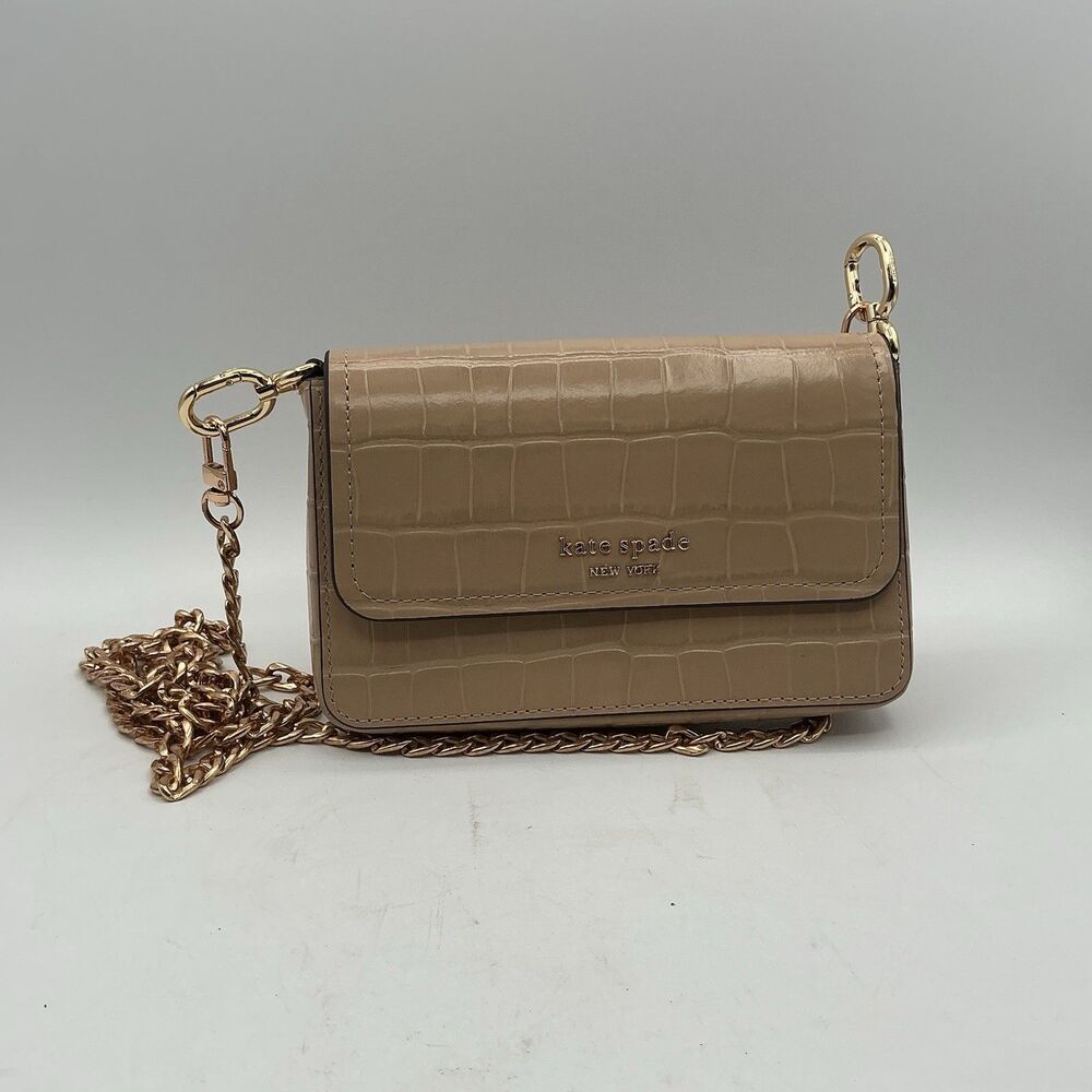 Kate Spade New York Croc Embossed Chain Wallet Crossbody Beige Blush Bag